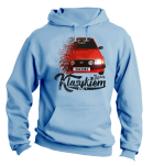 Błękitna bluza męska z kapturem z nadrukiem FORD Escort.