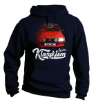 Granatowa bluza męska z kapturem z nadrukiem FORD Escort.