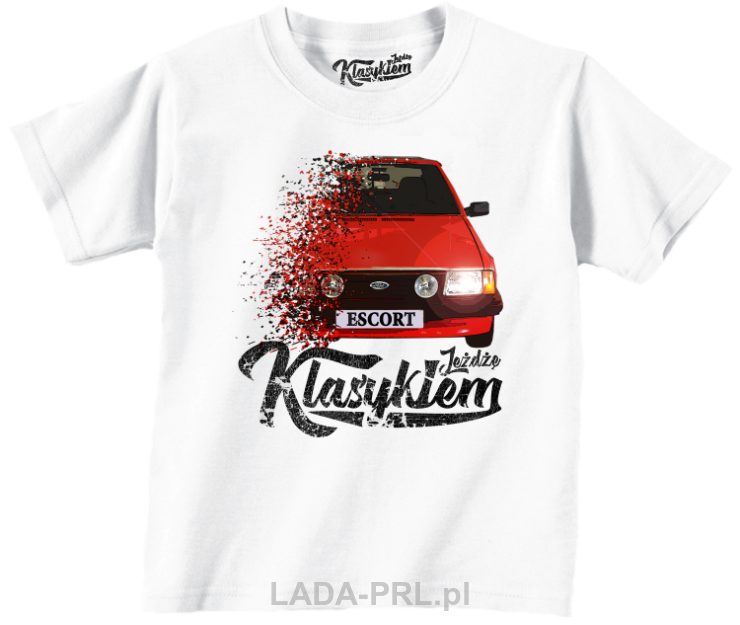 Bawełniana koszulka dla dziecka biała z nadrukiem FORD Escort.