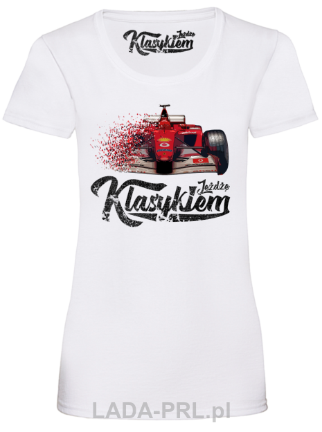 Biała koszulka damska bawełniana z nadrukiem Formuła 1 F1 Ferrari.