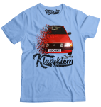 Błękitny t-shirt męski bawełniany z nadrukiem FORD Escort.