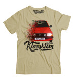 Beżowy t-shirt męski bawełniany z nadrukiem FORD Escort.