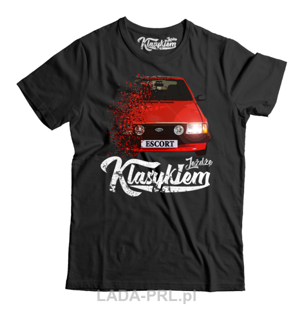 Czarny t-shirt męski bawełniany z nadrukiem FORD Escort.