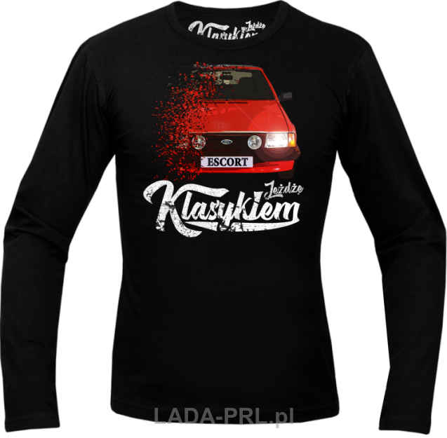 Czarny t-shirt z długim rękawem z nadrukiem FORD Escort.