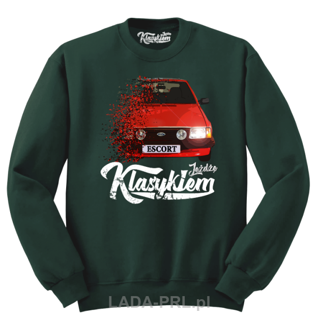 Ciemno zielona bluza męska bez kaptura z nadrukiem FORD Escort.