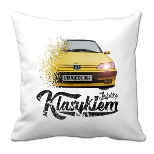 Biała poduszka PEUGEOT 306 - "Jeżdżę Klasykiem"