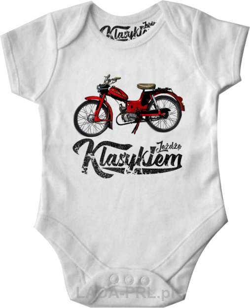 Białe body dziecięce z motorem KOMAR.