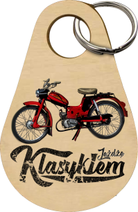 Drewniany brelok do kluczy - Motorynka Komar motor prl "Jeżdżę Klasykiem"