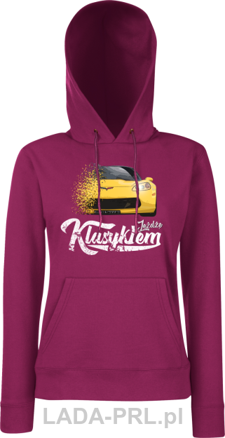 Bordowa bluza damska z kapturem z nadrukiem Chevrolet Corvette.