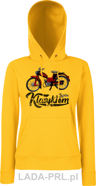 Żółta bluza damska z kangurek z nadrukiem Motorynka KOMAR.