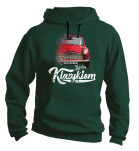 Ciemno zielona bluza męska z nadrukiem Mini Morris kangurek.