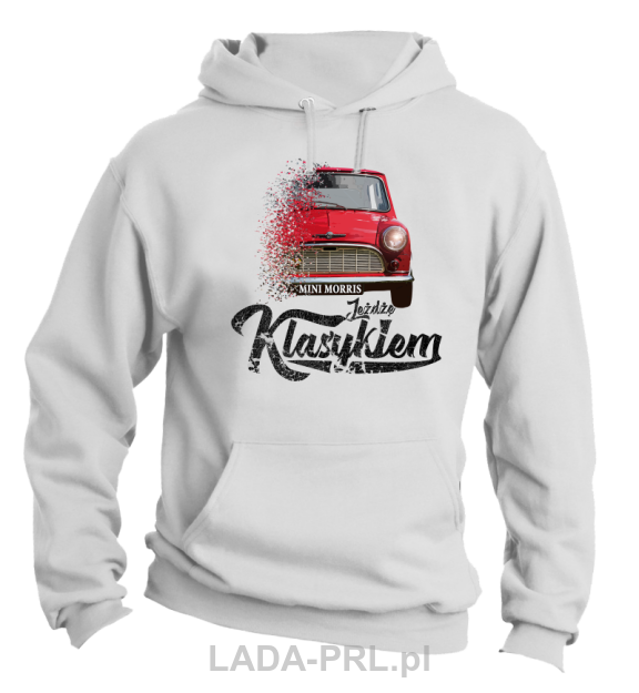 Biała bluza męska z nadrukiem Mini Morris kangurek.