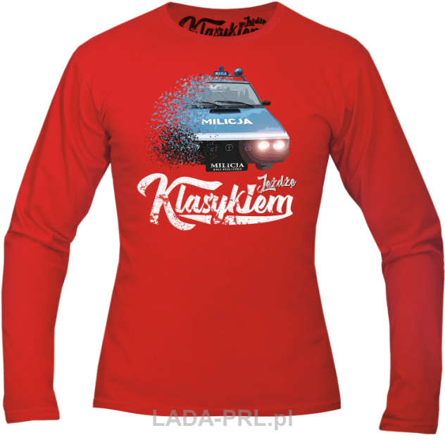 Czerwony t-shirt z długim rękawem z nadrukiem FSO Milicja Polonez