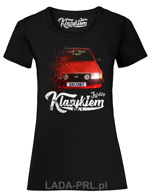 Czarny t-shirt damski z nadrukiem FORD Escort.
