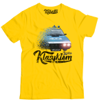 Żółty t-shirt męski z nadrukiem FSO Milicja Polonez