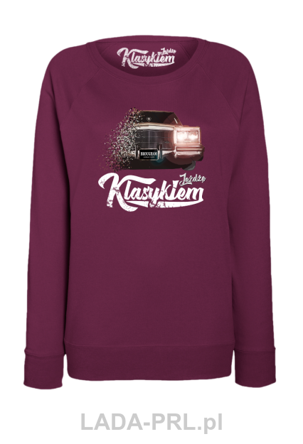 Bordowa bluza damska bez kaptura z nadrukiem Cadillac Brougham.