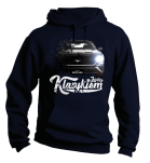 Granatowa bluza męska kangurek z kapturem z nadrukiem FORD Mustang 2019.